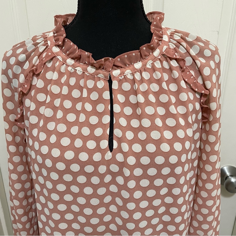 Rose + Olive Dusty Pink White Polka Dot Blouse Ruffle Detail Women's X-Small XS - Picture 5 of 8